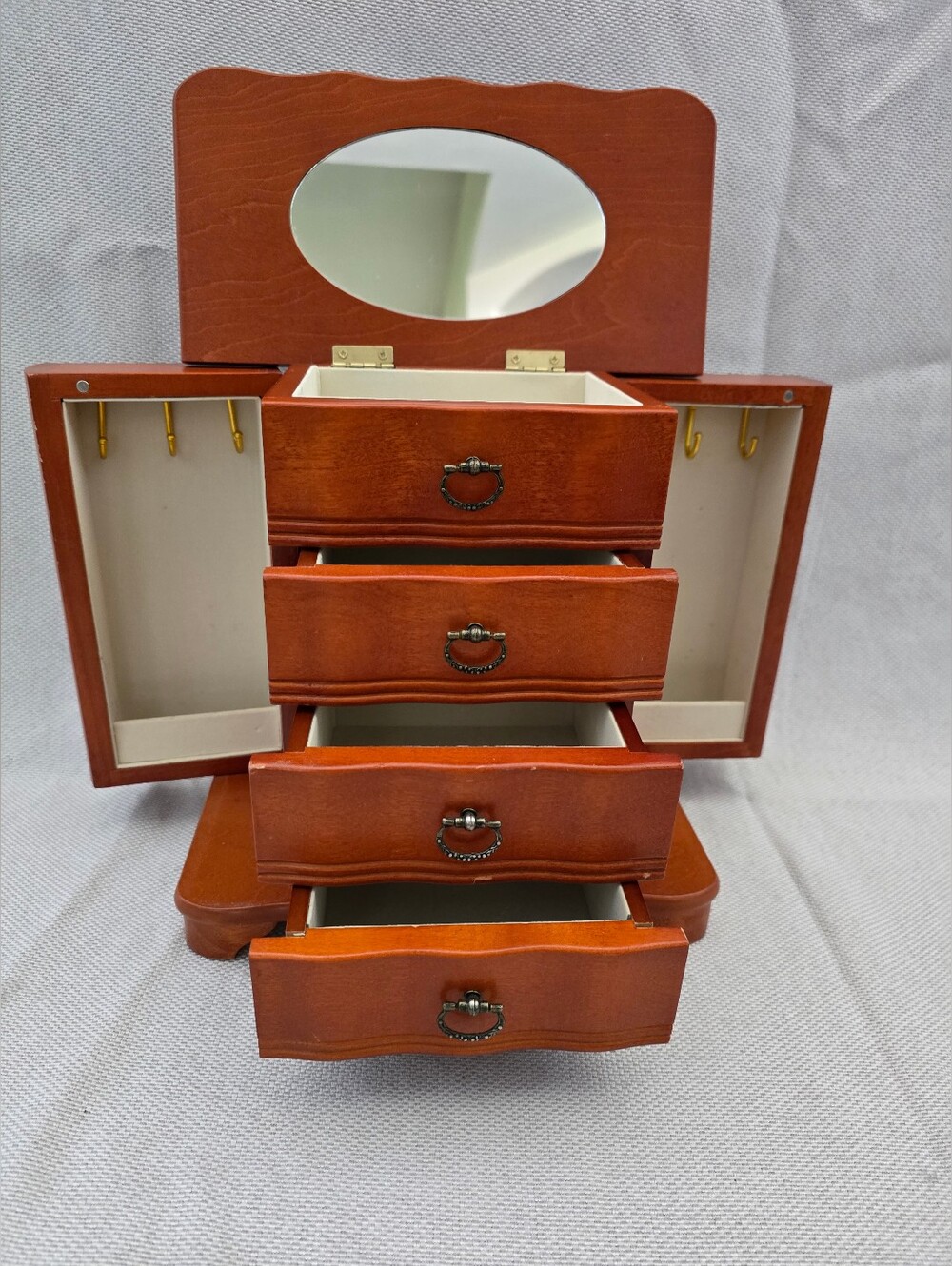 Vintage Wooden Jewelry Armoire Box Flip Top Mirror Swing Doors Cherry Finish